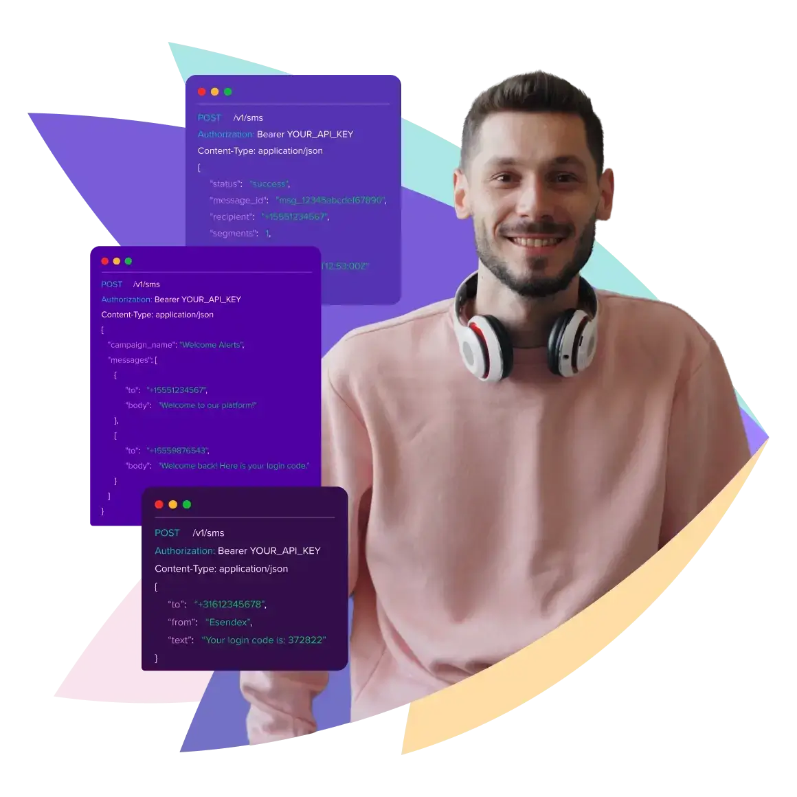 homme entouré d'illustration coding sms c#