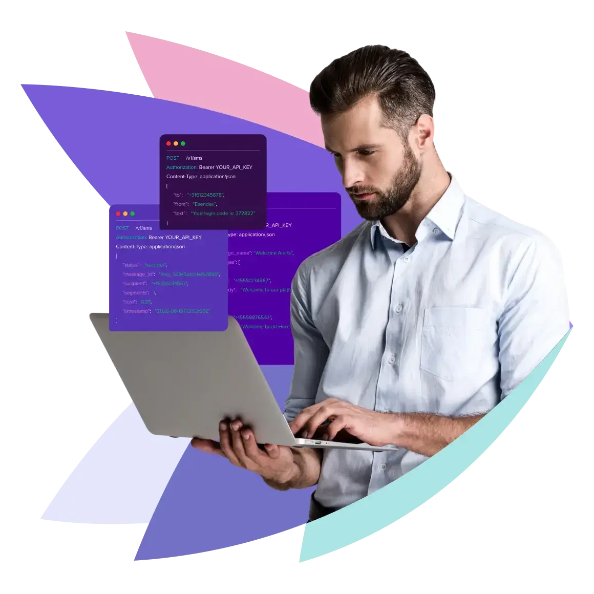 home portant un ordinateur entouré d'illustration coding api java