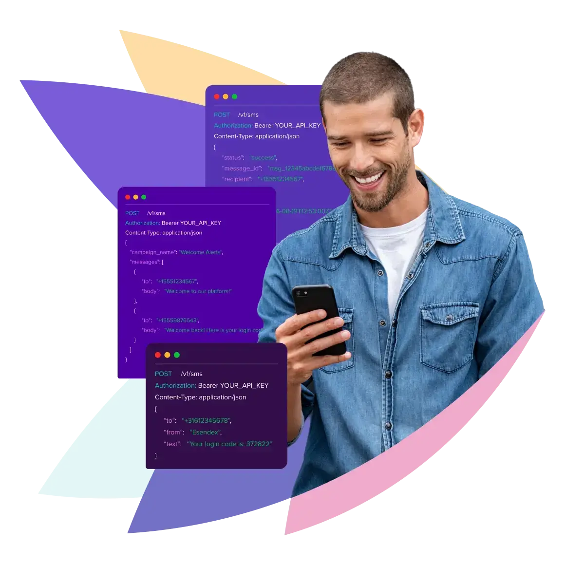 homme tenant un téléphone avec des illustrations de coding autour de lui pour des envois sms en api javascript et node