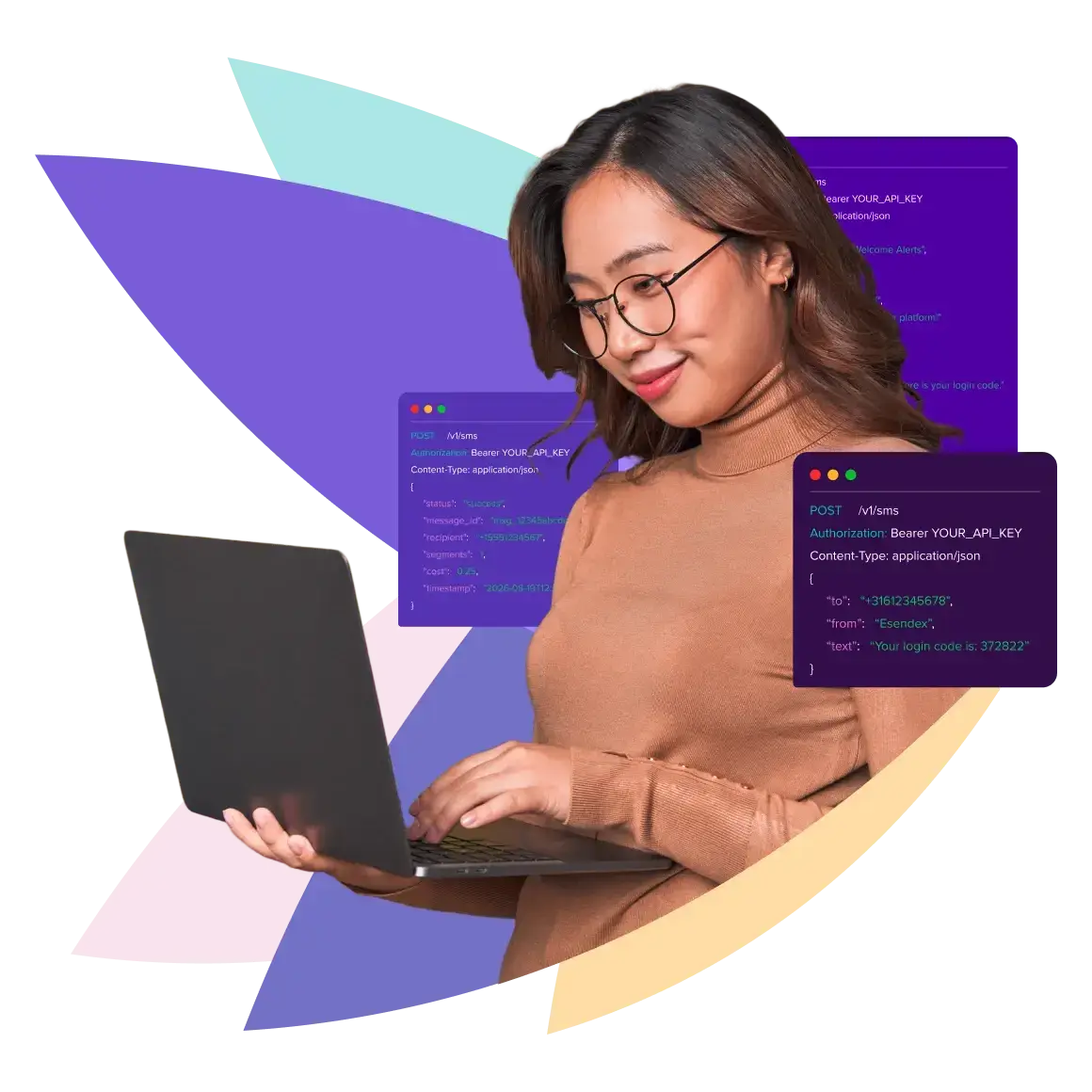 API SMS Python et une femme portant un ordinateur et des illustrations de coding