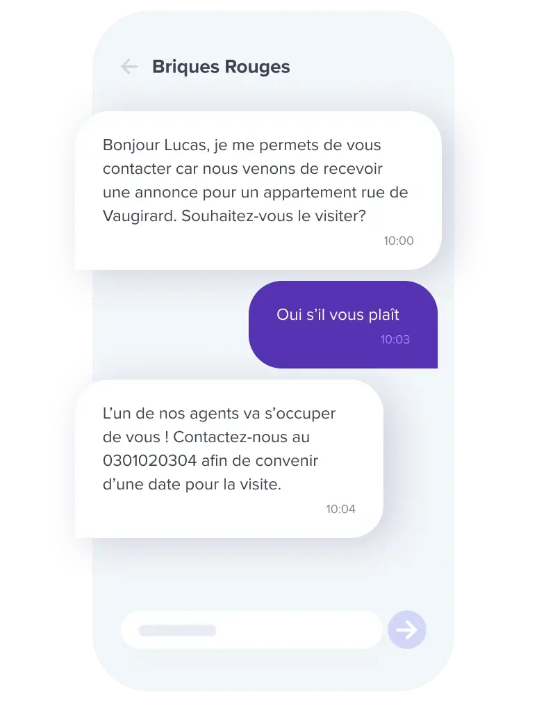 Conversation SMS de notification de bien disponible en visite